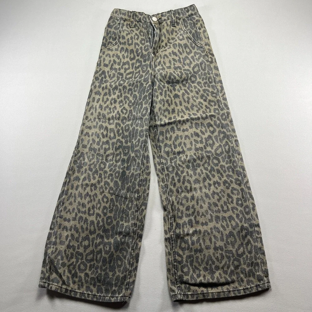 Soho Blue Jeans Womens 14 Beige Black Leopard Print Denim Mid Rise Wide Leg